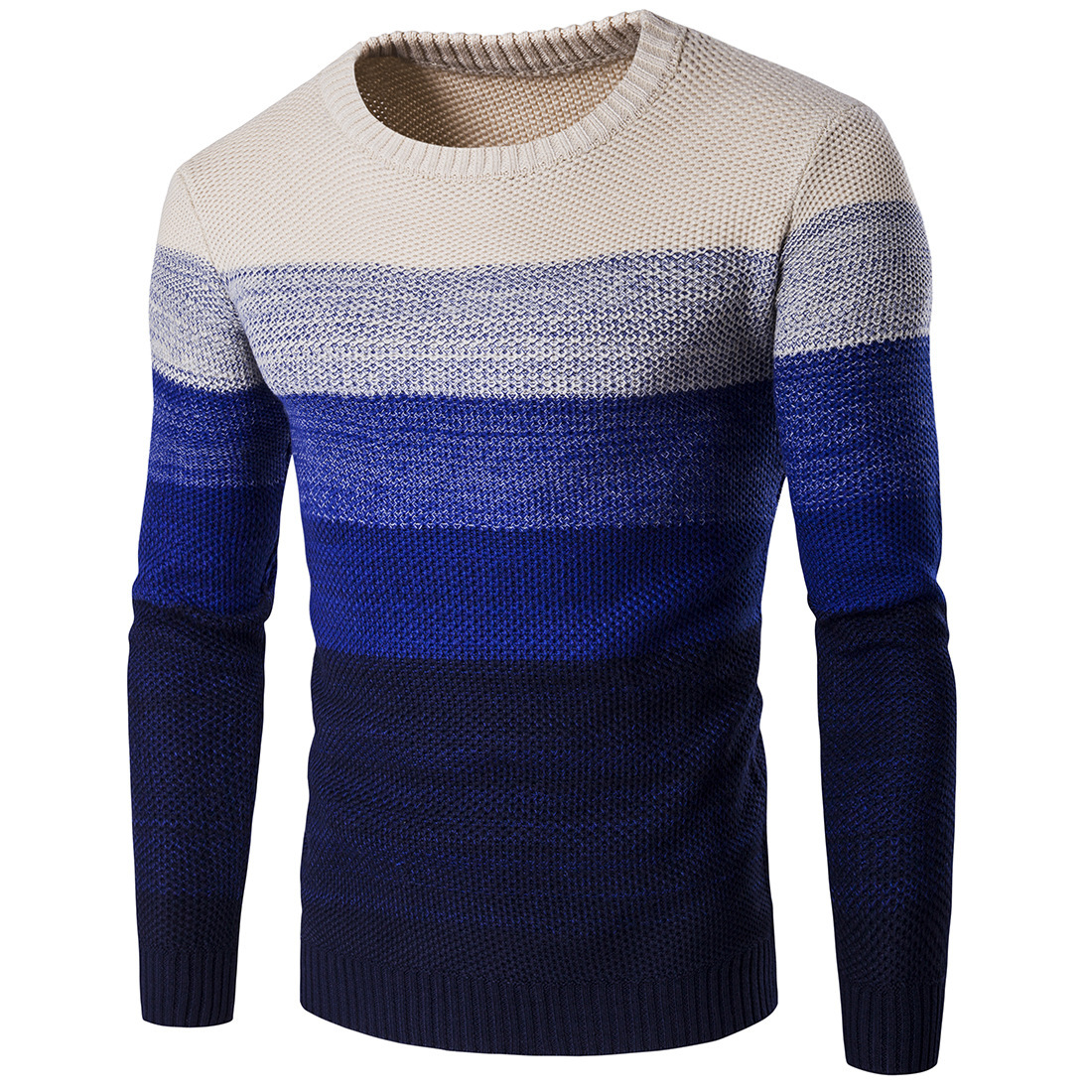 Men Knitted Sweater O Neck Striped Patchwork Casual Long Sleeve Slim Fit Pullover Tops blue