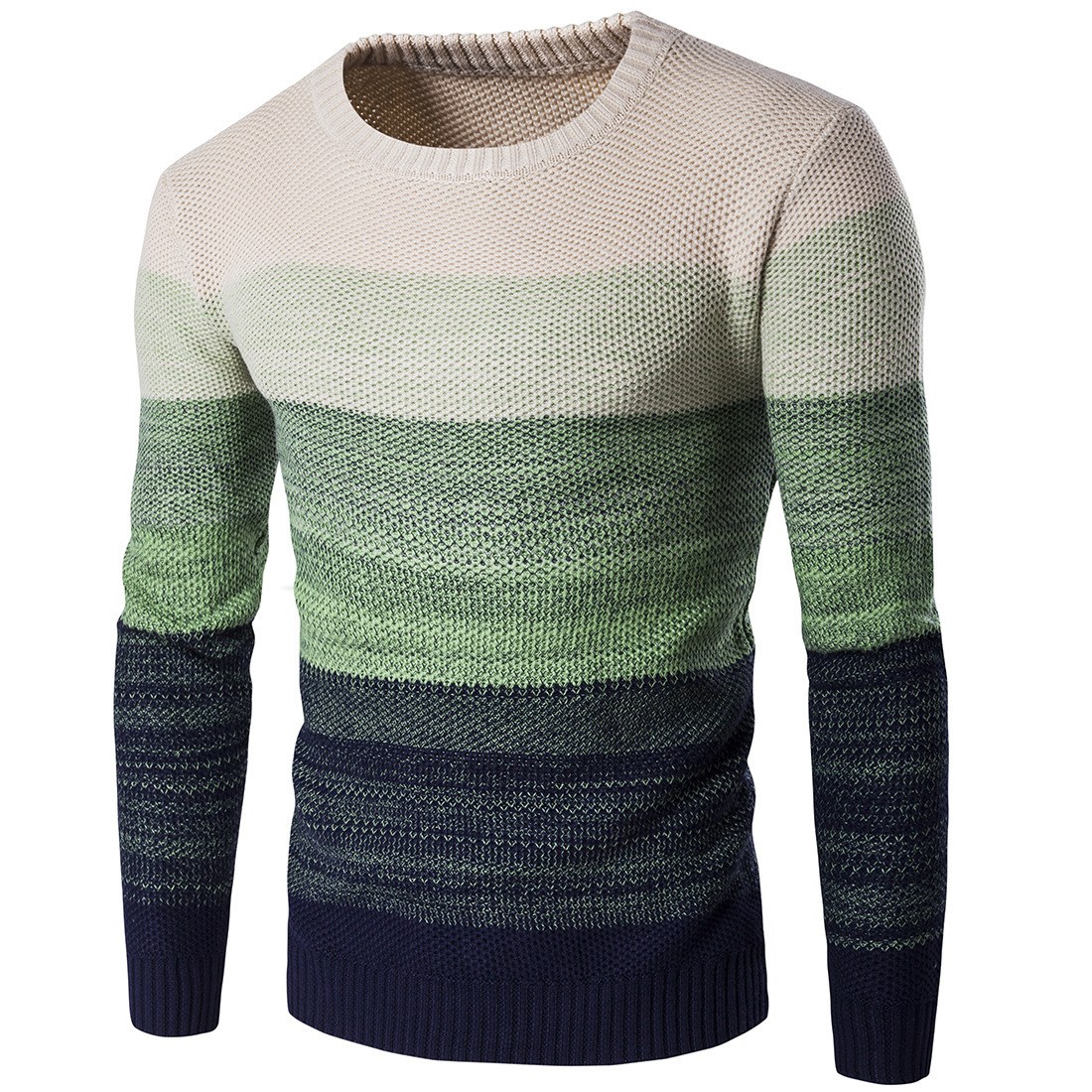 Men Knitted Sweater O Neck Striped Patchwork Casual Long Sleeve Slim Fit Pullover Tops Green