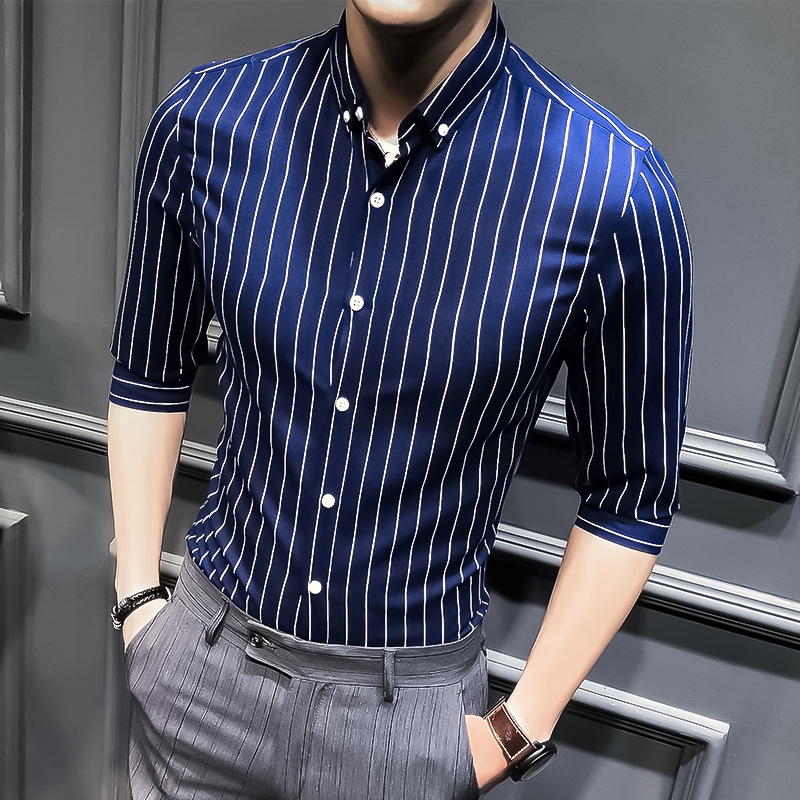 Men Striped Shirt Summer Turn-down Collar 3/4 Sleeve Casual Plus