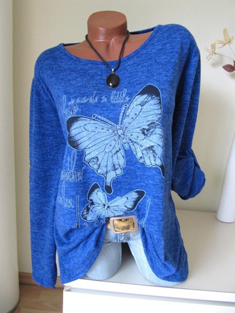 Women Long Sleeve T Shirt Spring Butterfly Printed Casual Plus Size Pullover Tops Blue