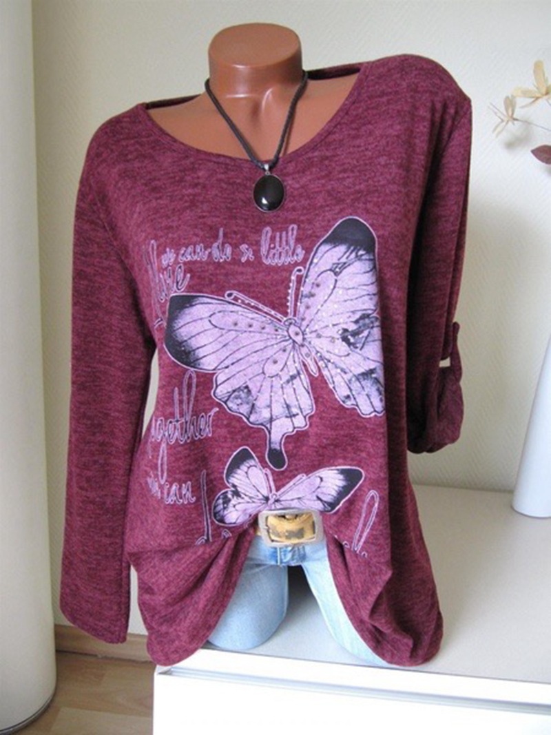 Women Long Sleeve T Shirt Spring Butterfly Printed Casual Plus Size Pullover Tops Wine Red