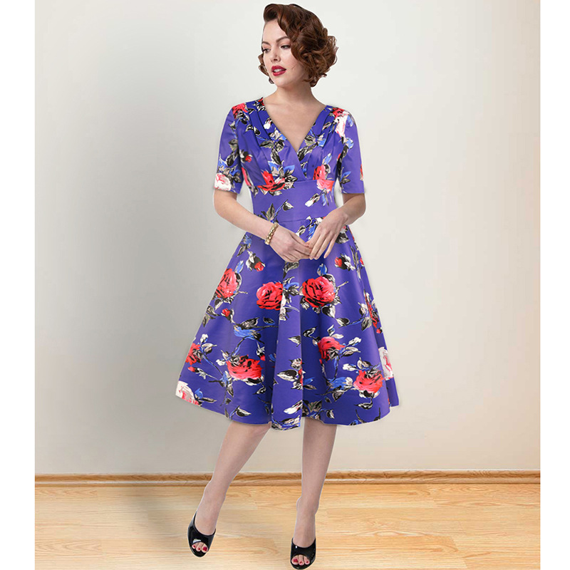 Women Floral Printed Dress V Neck Short Sleeve Vintage 50s 60s Casual A Line Formal Party Dress 1365-blue