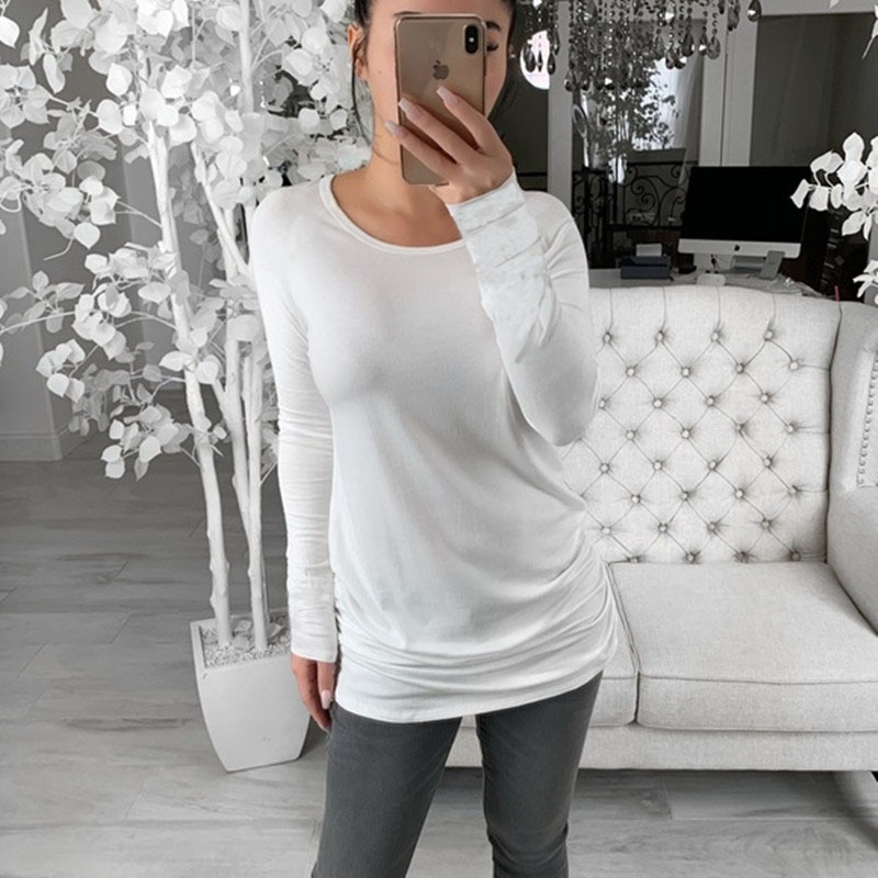 Women Long Sleeve T Shirt O Neck Pleated Casual Loose Pullover Tops Off White