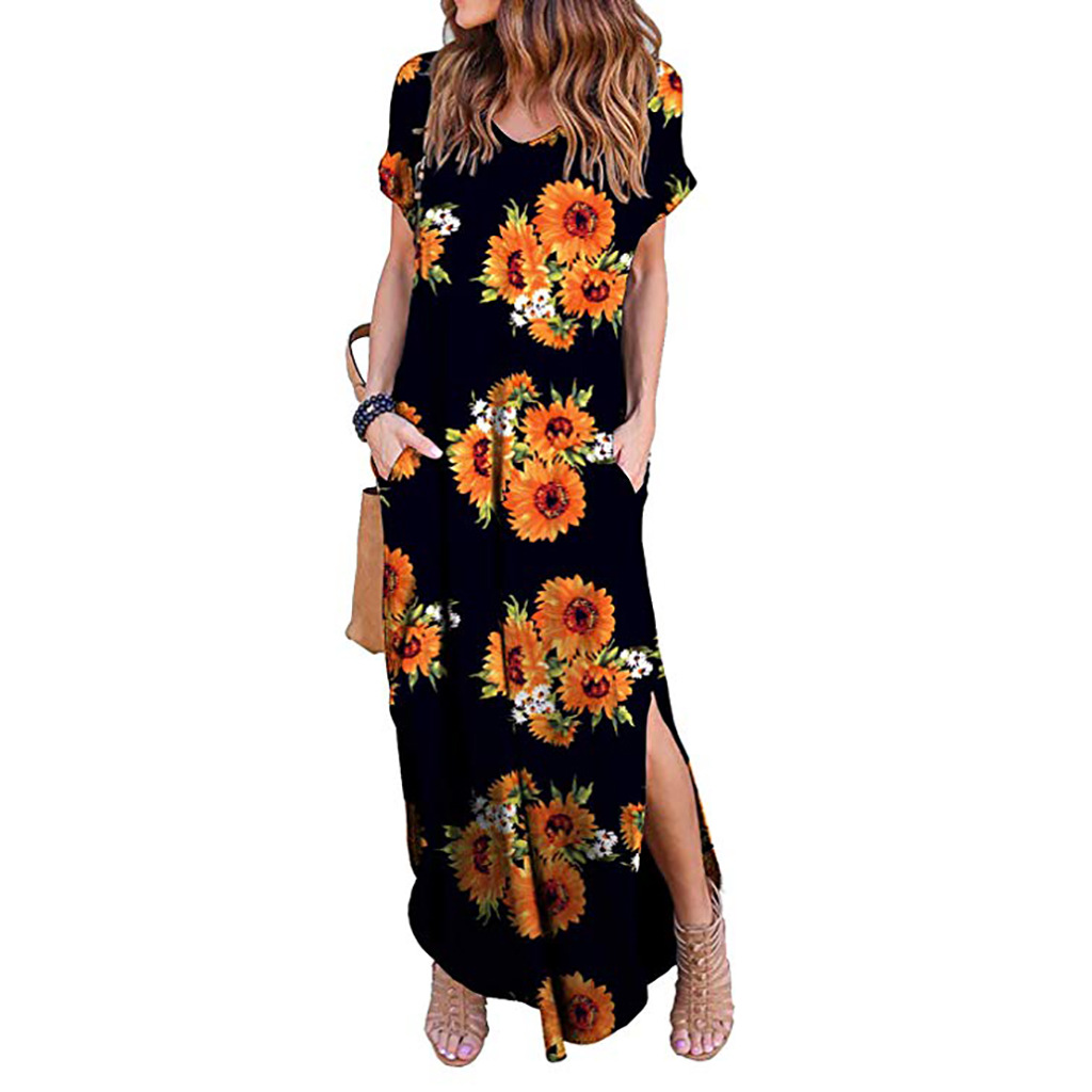 Women Maxi Dress Floral Printed Short Sleeve Casual Asymmetrical Boho Summer Beach Split Long Dress 5#