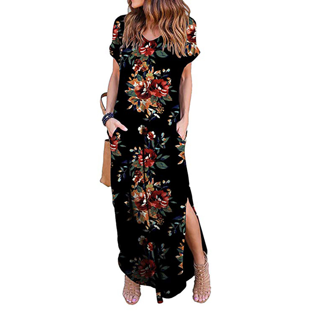 Women Maxi Dress Floral Printed Short Sleeve Casual Asymmetrical Boho Summer Beach Split Long Dress 7#