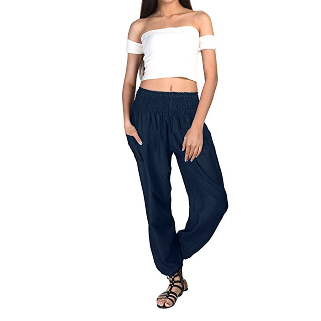 Women Harem Pants Elastic Waist Summer Pockets Plus Size Casual Loose Trousers navy blue