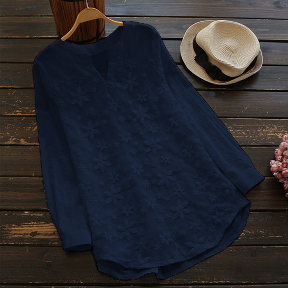Women Embroidery Floral Lace Blouse V Neck Long Sleeve Casual Loose Plus Size Tops navy blue