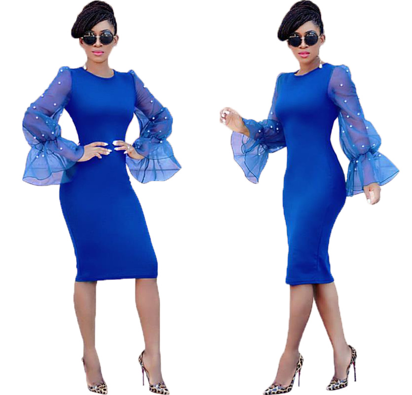 Women Pencil Dress Long Flare Sleeve Work Office Knee Length Slim Bodycon Party Dress royal blue