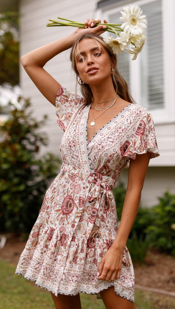  Women Floral Printed Dress Ruffle Wrap Short Sleeve V Neck Casual Summer Beach Boho Mini Sundress 1#