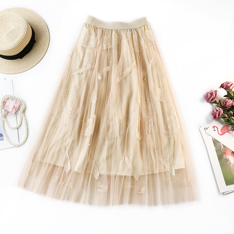 Women Tulle Skirt Summer High Waist Embroidery Feather A Line Casual Midi Pleated Skirt apricot