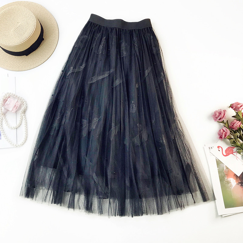  Women Tulle Skirt Summer High Waist Embroidery Feather A Line Casual Midi Pleated Skirt Black
