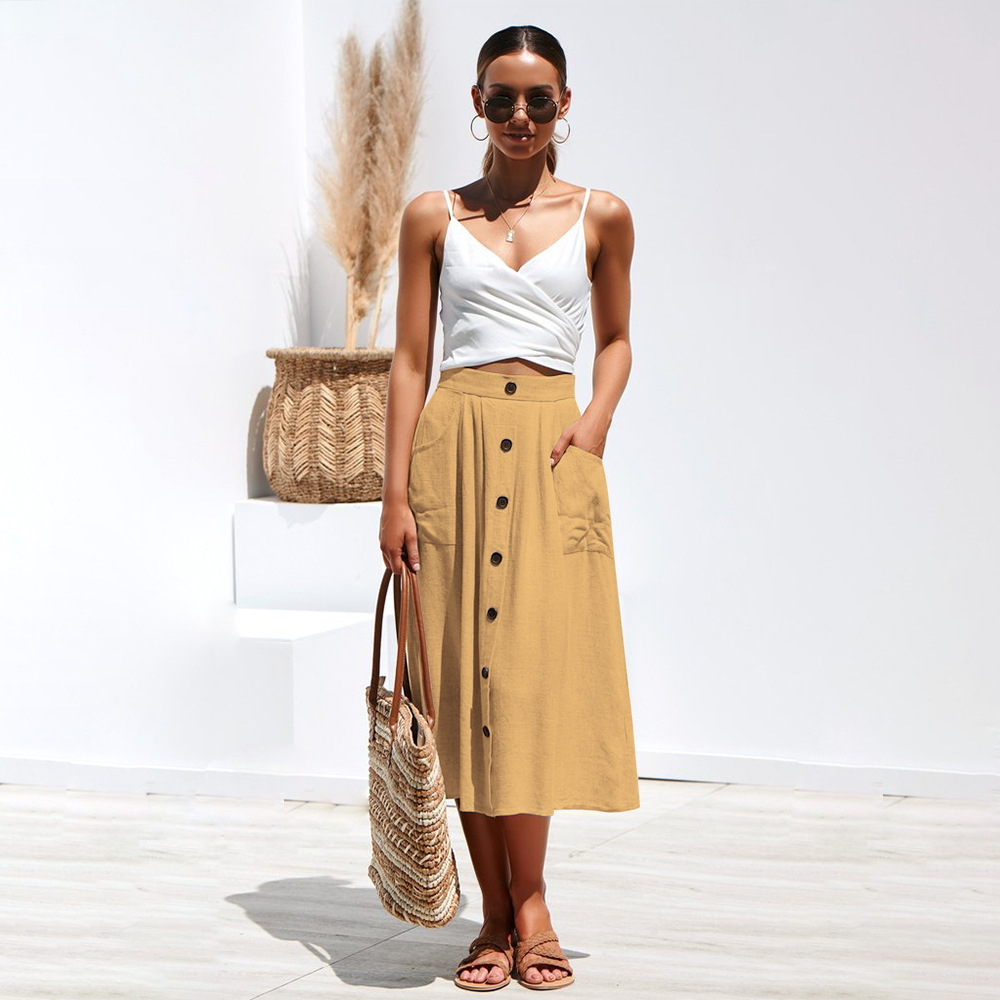 Women A-Line Skirt High Waist Summer Casual Button Pockets Female Midi Skirt khaki