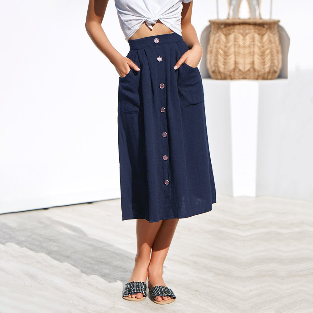  Women A-Line Skirt High Waist Summer Casual Button Pockets Female Midi Skirt navy blue