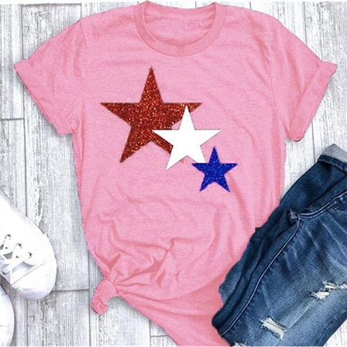Women T Shirt Summer Short Sleeve O-Neck Casual Star Printed Plus Size Tee Tops pink