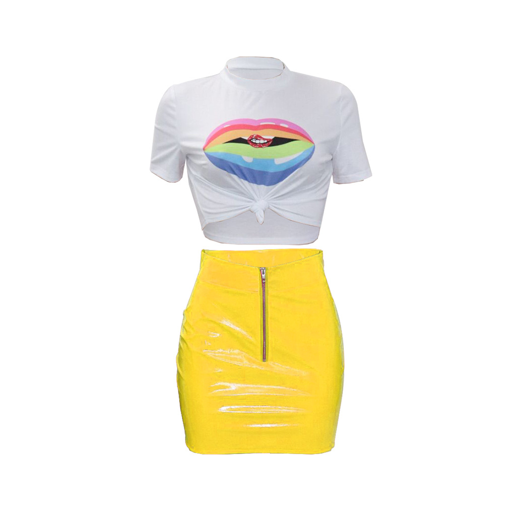 Women Tracksuit Summer Short Sleeve Crop Top+mini Pu Leather Skirt Club Party Two Pieces Set Yellow