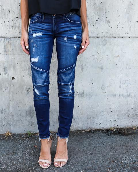 Women Skinny Jeans Mid Waist Stretch Pleated Slim Denim Pencil Pants Dark Blue
