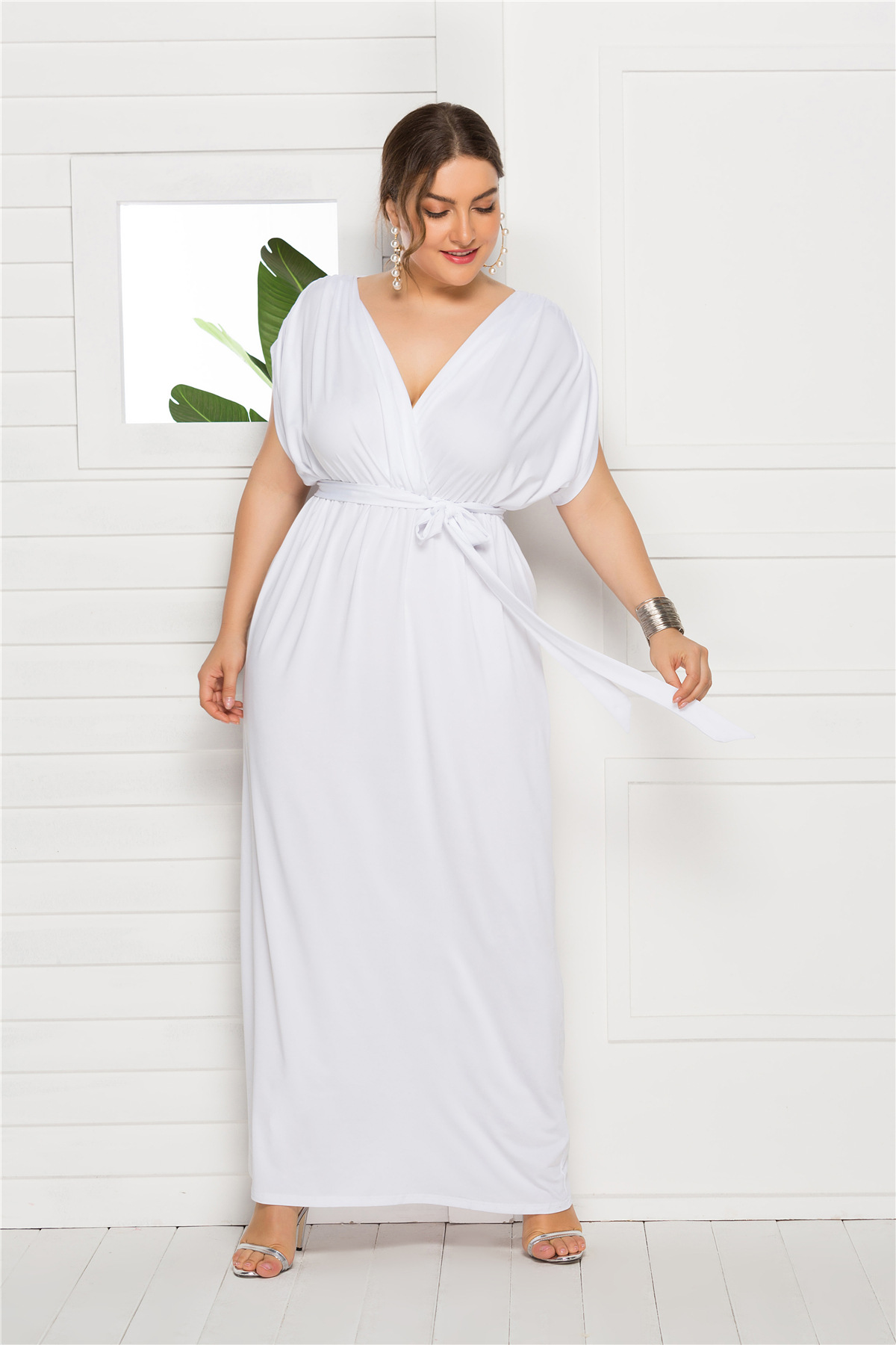 chauffør årsag Marty Fielding Women Maxi Dress V Neck Short Sleeve Belted Casual Plus Size Long Formal  Evening Party Dress White on Luulla