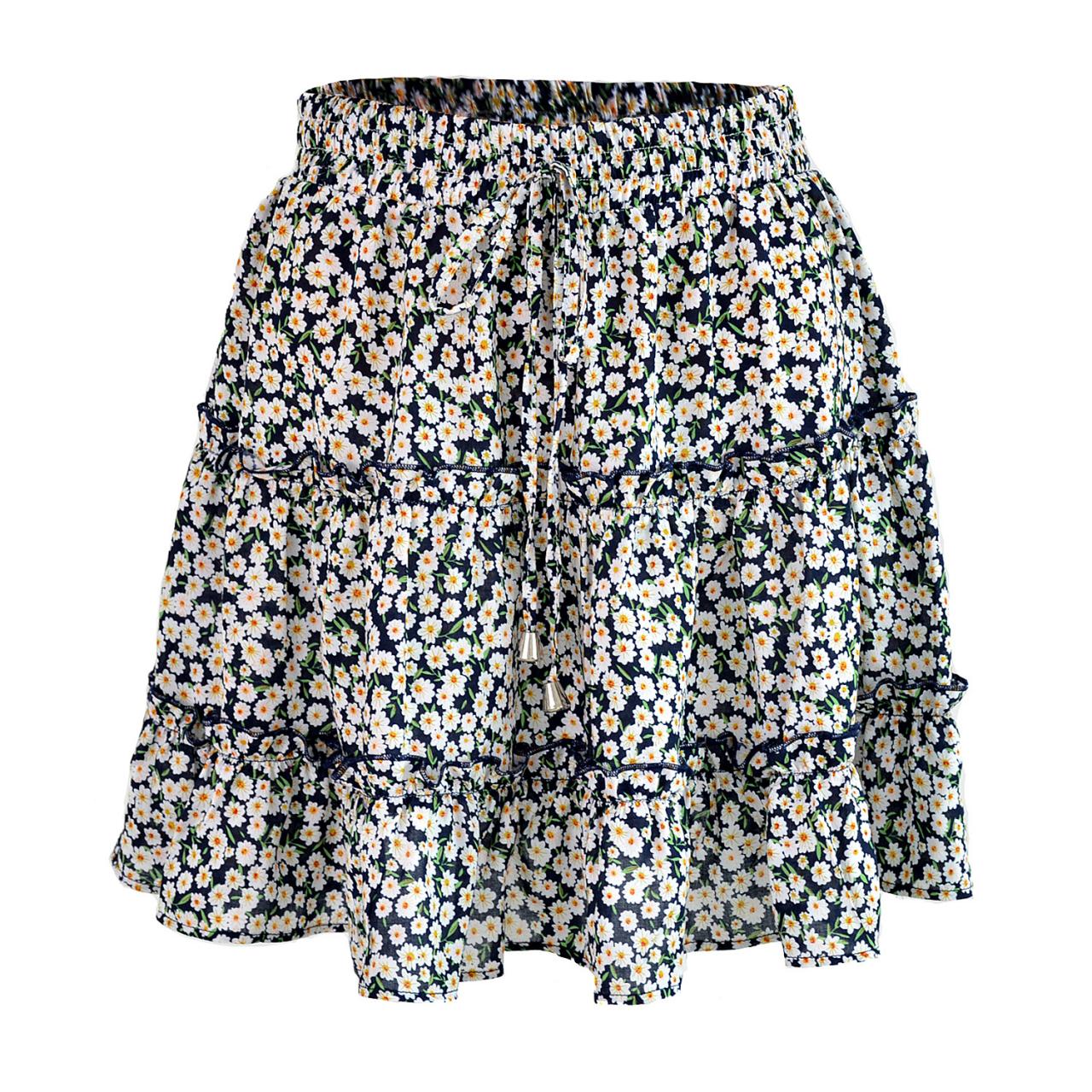 Women Mini Skirt High Waist Ruffles Casual Summer Beach Boho Floral Printed Short A-Line Skirt navy blue floral
