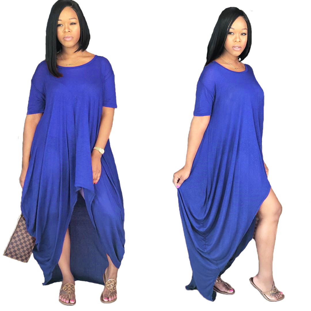 Women Asymmetrical Dress Summer Short Sleeve Streetwear Casual Loose High Low Dress Blue