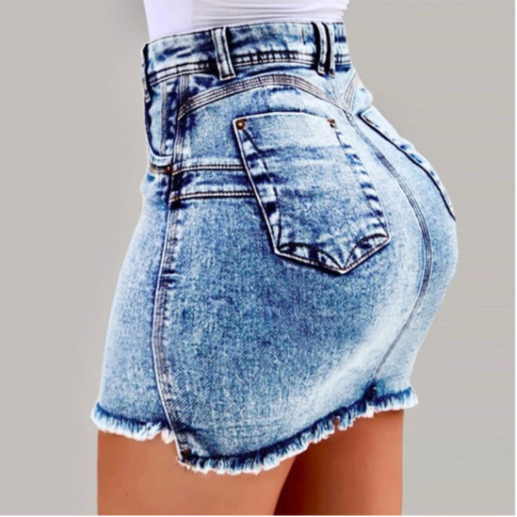  Women Short Jeans Skirt Summer High Waist Pockets Casual Bodycon Mini Pencil Denim Skirt light blue