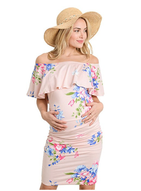 Womens Maternity Ruffle Off-Shoulder Floral Print Dress Pregnancy Casual Clothes 