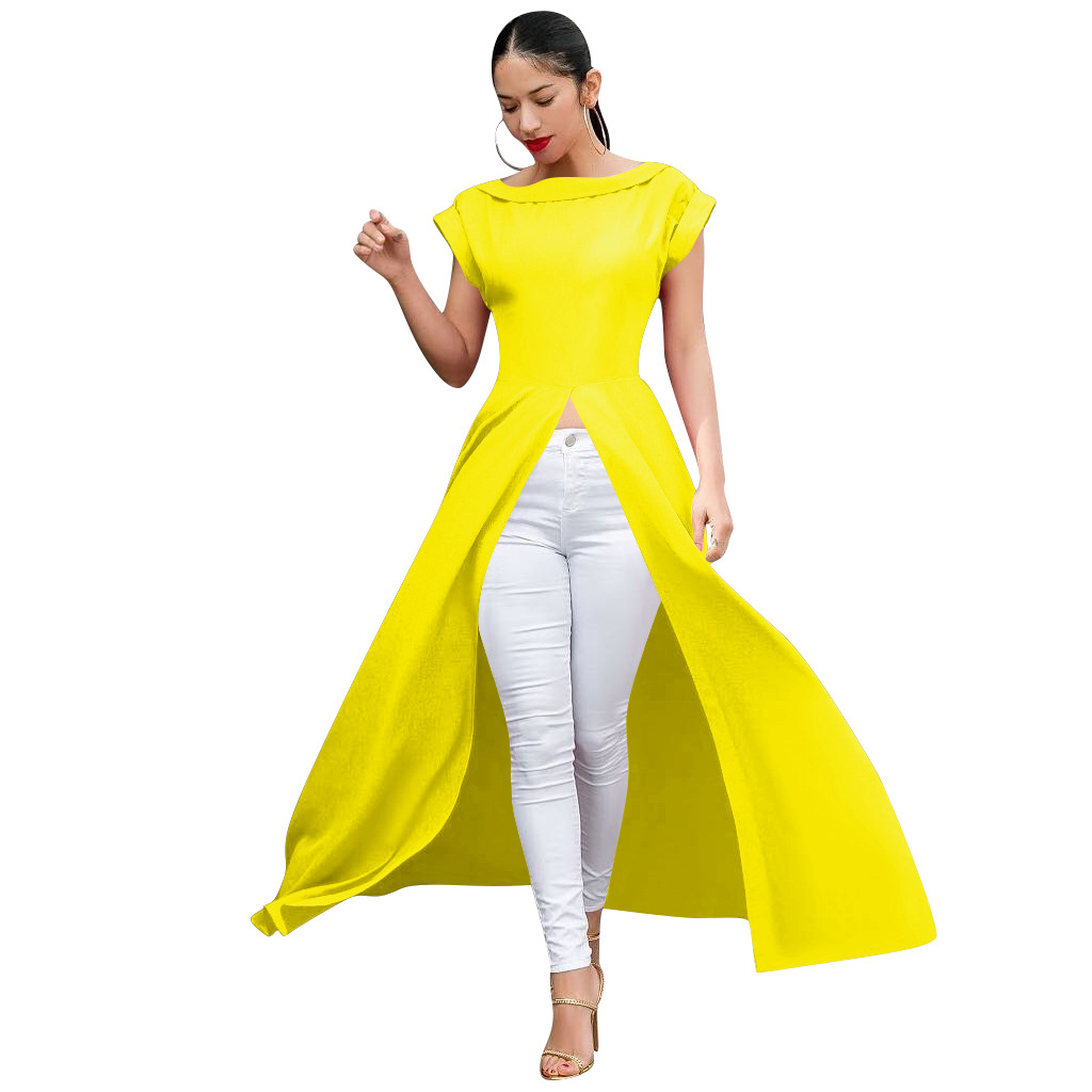  Women Maxi Dress O-Neck Short Sleeve Front High Split Casual Long Club Party Dress yellow