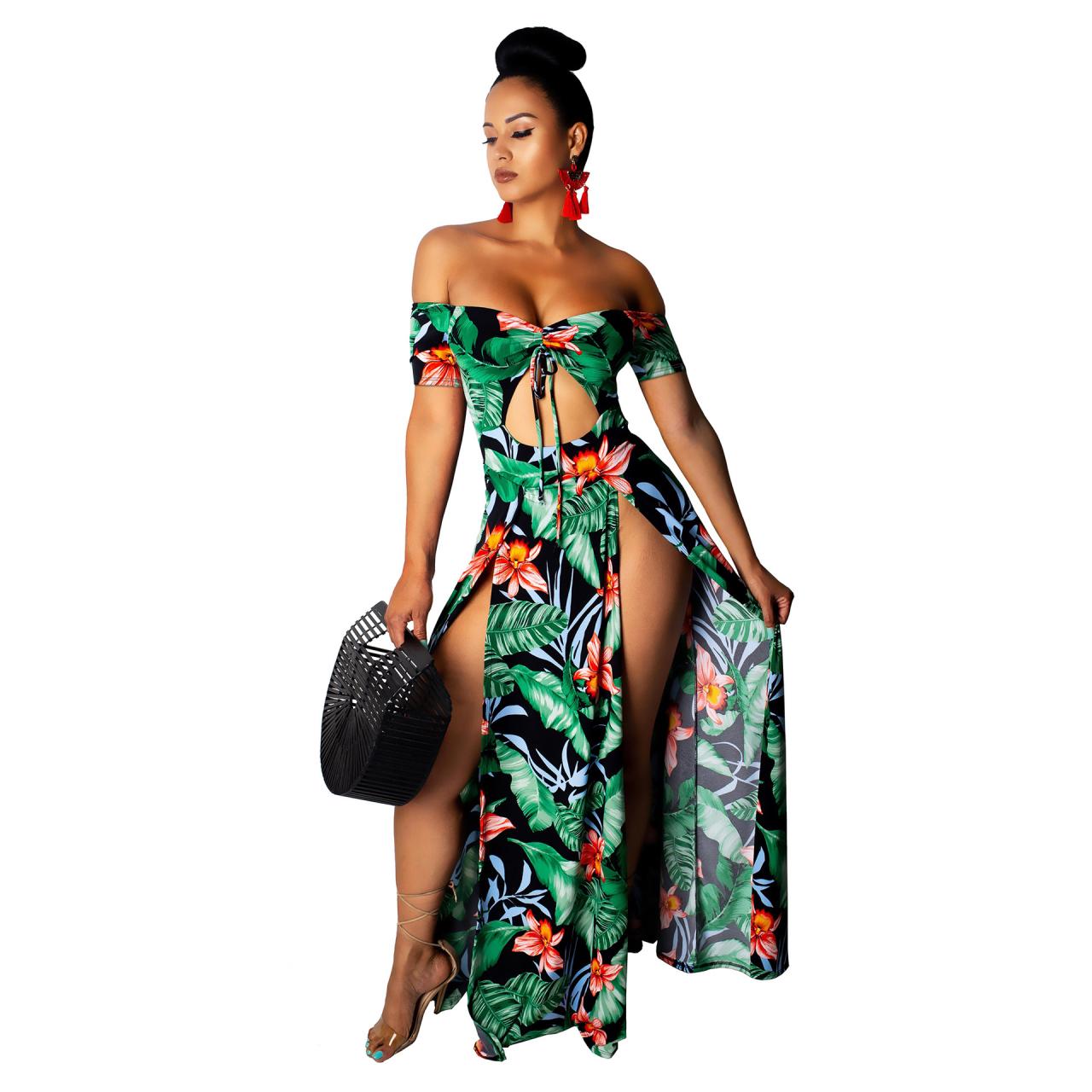 H.Wang Womens Summer Floral Off The Shoulder Dresses Flowy Beach Long Maxi Dresses