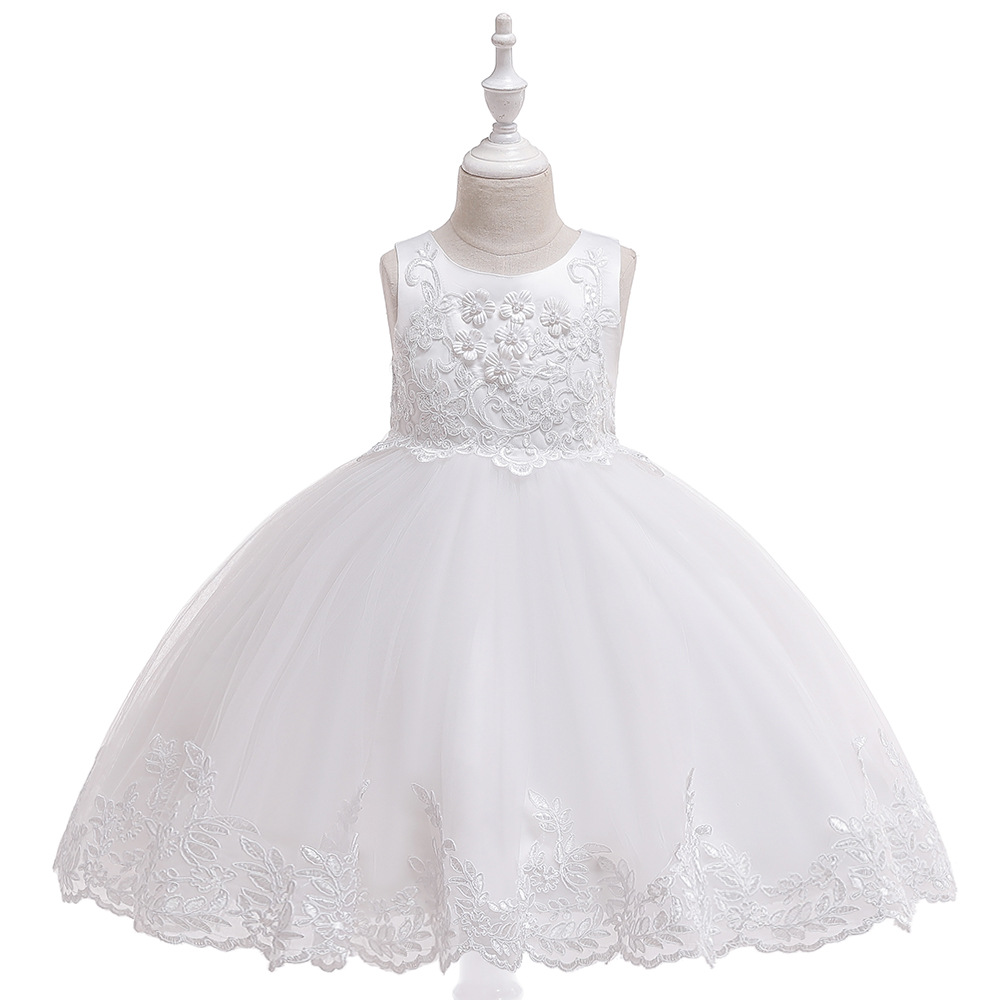 Applique Lace Flower Girl Dress Princess Wedding Birthday Prom Party Tutu Gonws Kids Children Clothes white