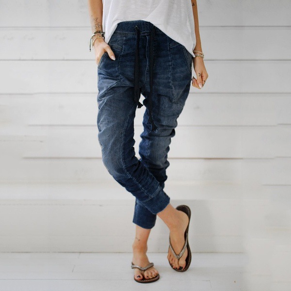 Women Jeans Drawstring Elastic Waist Casual Ankle-Length Female Long ...