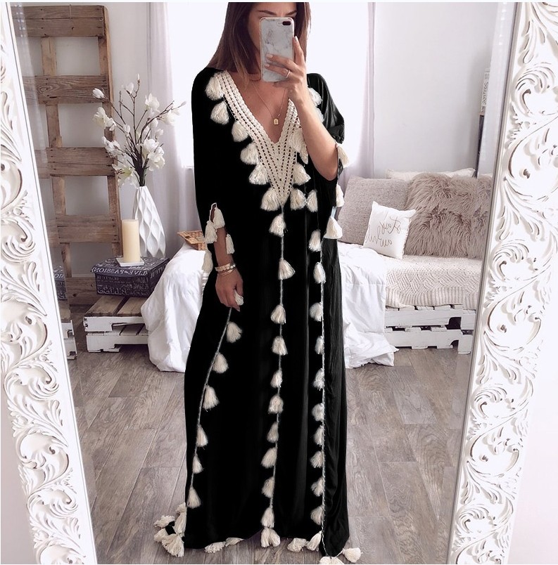  Women's V Neck 3/4 Length Sleeve Boho Long Dress