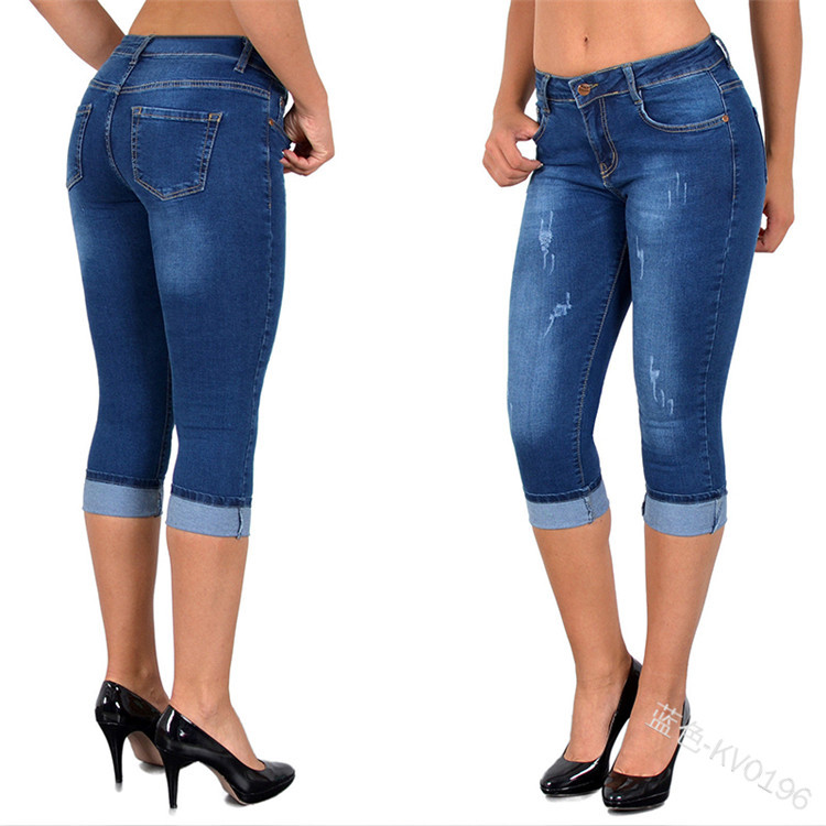 Women Jeans Summer Waist Plus Size Slim 3/4 Trousers Stretch Skinny Denim Pencil Pants on Luulla