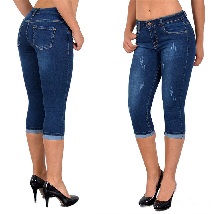  Women Jeans Summer High Waist Plus Size Slim Cropped 3/4 Trousers Stretch Skinny Denim Pencil Pants dark blue
