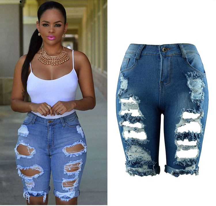 knee length ripped denim shorts