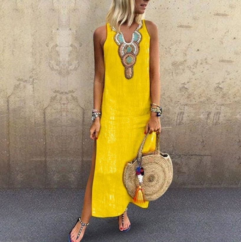  Women Maxi Dress V Neck Sleeveless Side Split Casual Summer Beach Boho Long Dress yellow