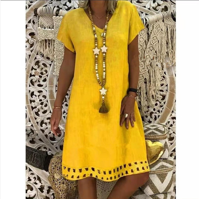  Women Casual Dress Summer Beach Boho V-Neck Short Sleeve Loose Midi T Shirt Dress yellow