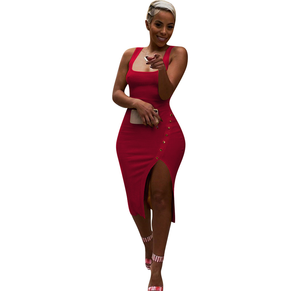 Women Pencil Dress Spaghetti Strap Sleeveless Side Split Asymmetrical Bodycon Midi Club Party Dress red