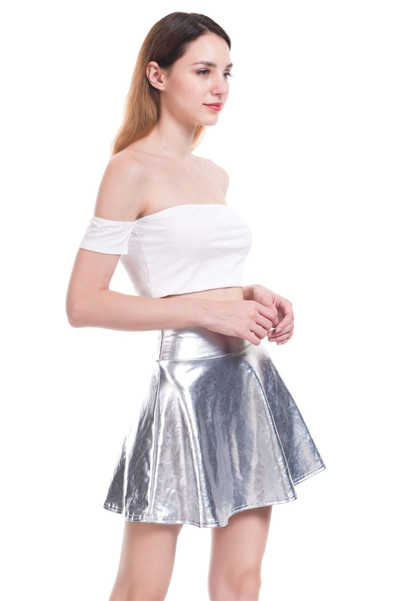  Women Mini Metallic Skirt Summer High Waist PU Leather Casual Stage Short A Line Club Party Skirt silver