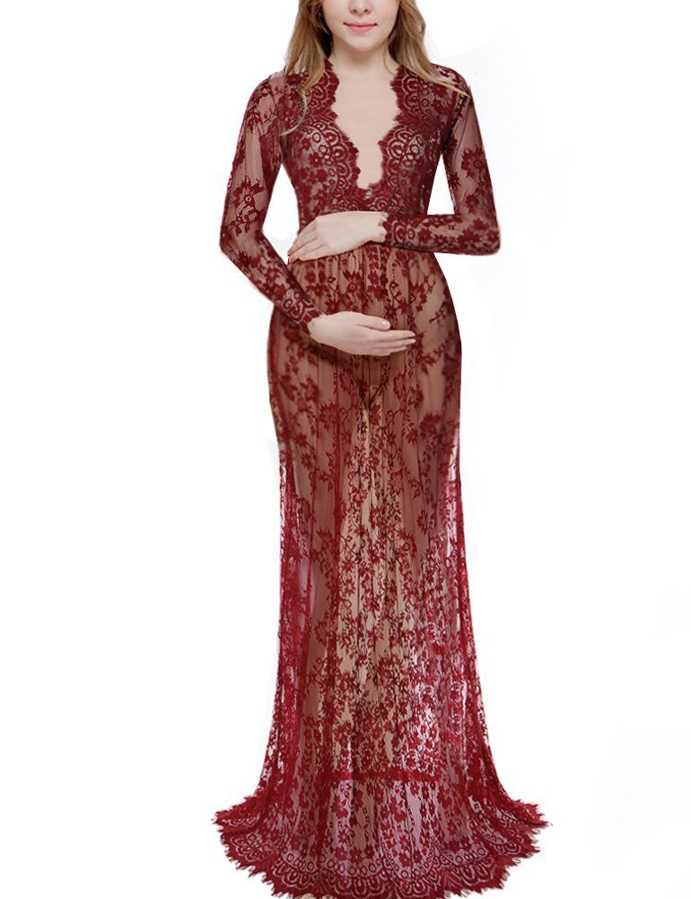  Women Perspective Lace Dress Sexy V Neck Long Sleeve Plus Size Maxi Long Party Prom Dress wine red