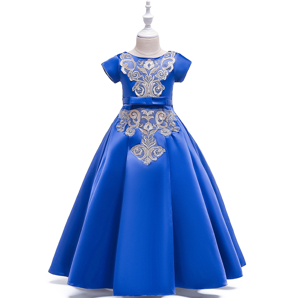 Long Satin Flower Girl Dress Short Sleeve Teens Birthday Formal Tutu Party Gown Children Kids Clothes royal blue