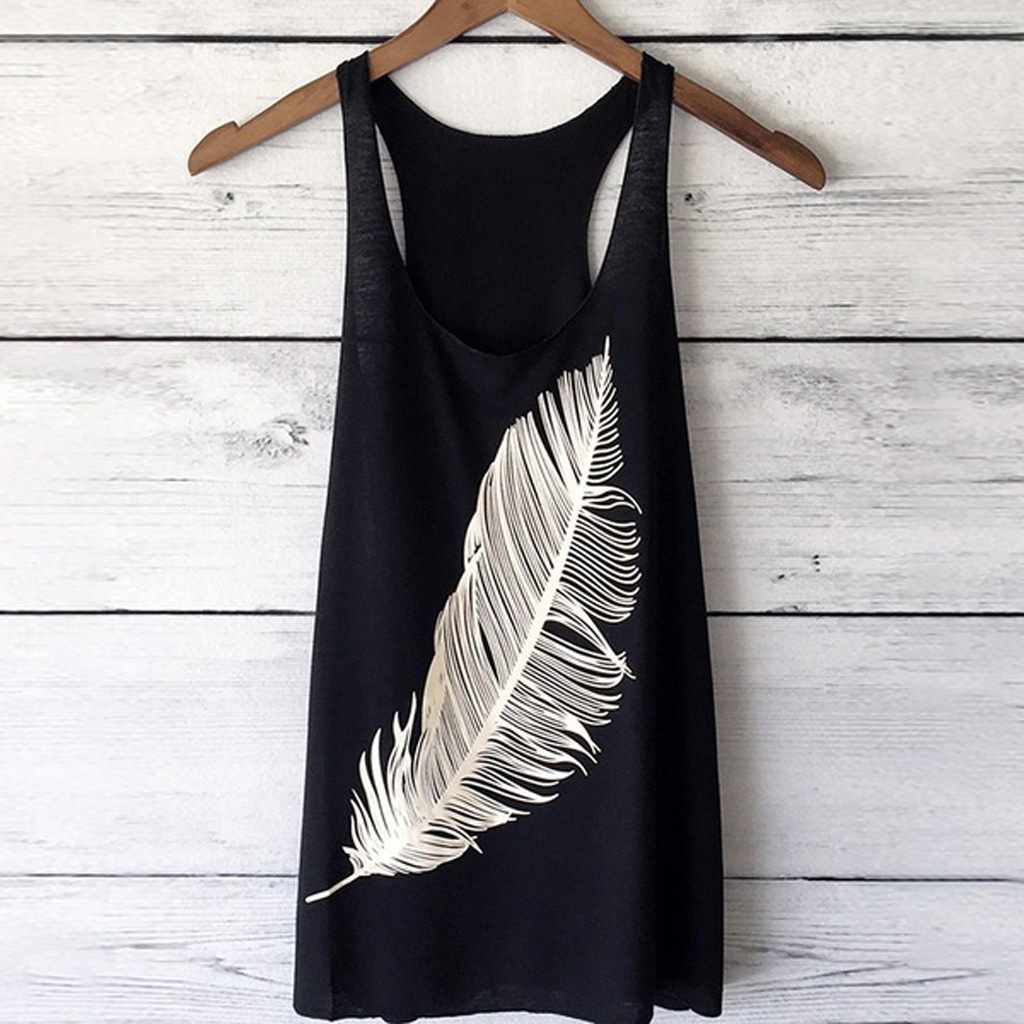 Women Tank Top Feather Printed Summer Casual Loose O-neck Sleeveless T Shirt Black
