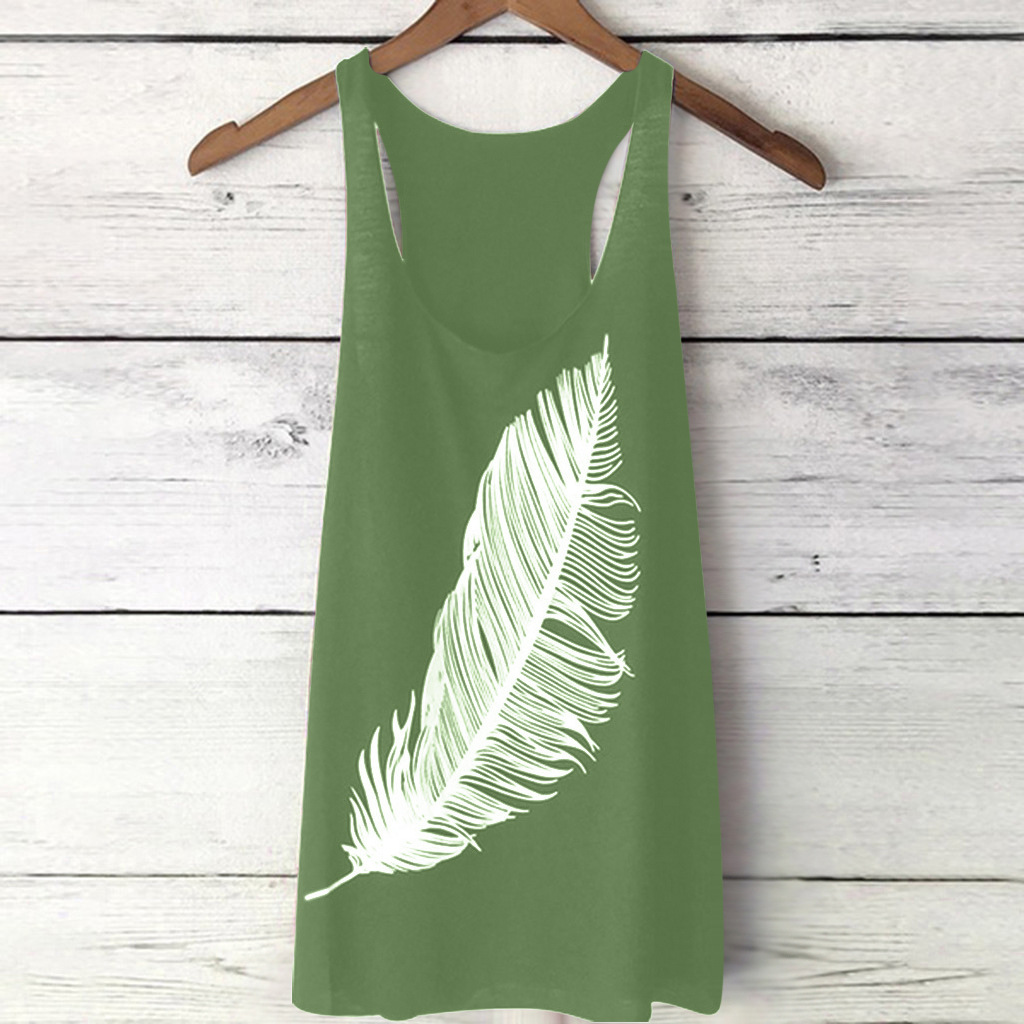Women Tank Top Feather Printed Summer Casual Loose O-neck Sleeveless T Shirt Green