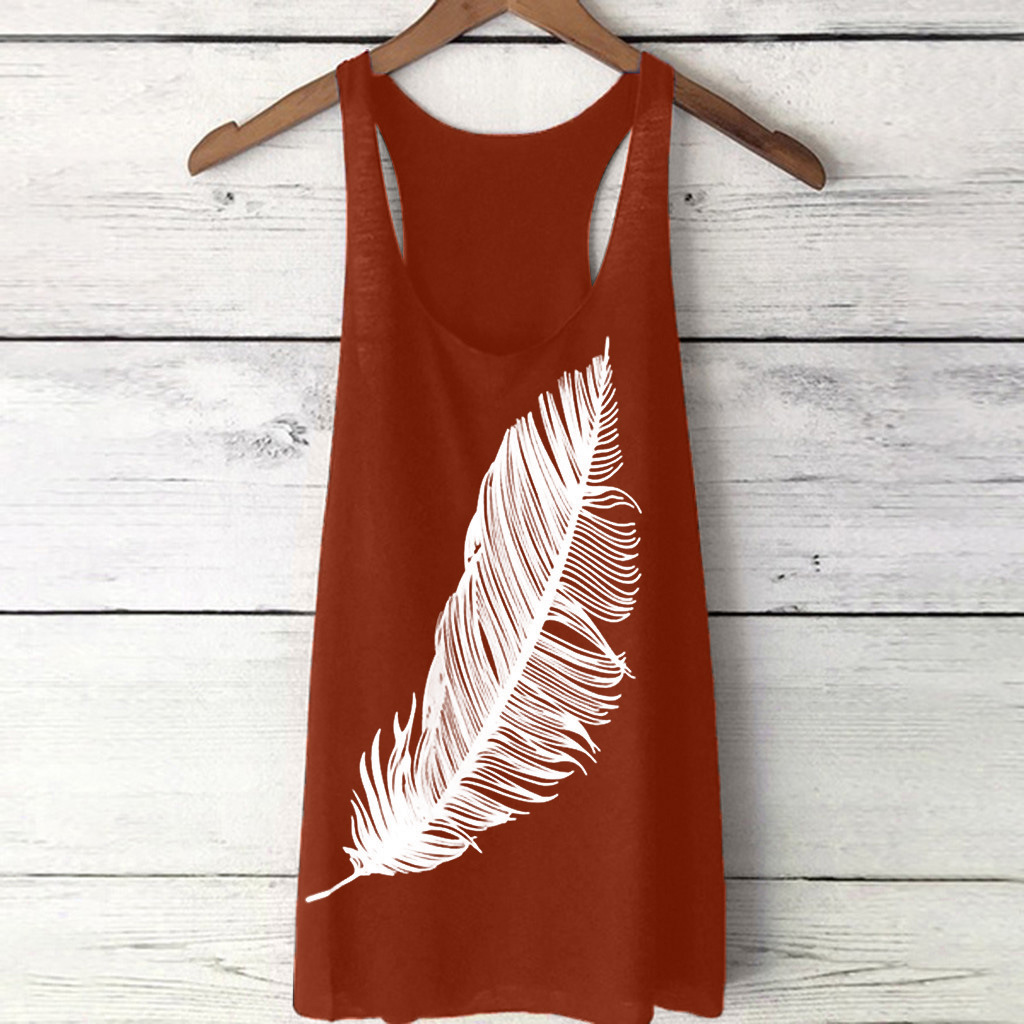 Women Tank Top Feather Printed Summer Casual Loose O-neck Sleeveless T Shirt Orange Red