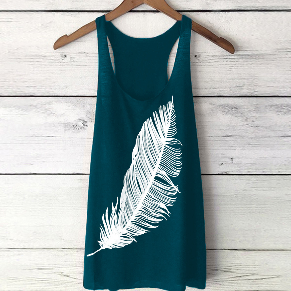  Women Tank Top Feather Printed Summer Casual Loose O-Neck Sleeveless T Shirt peacock blue