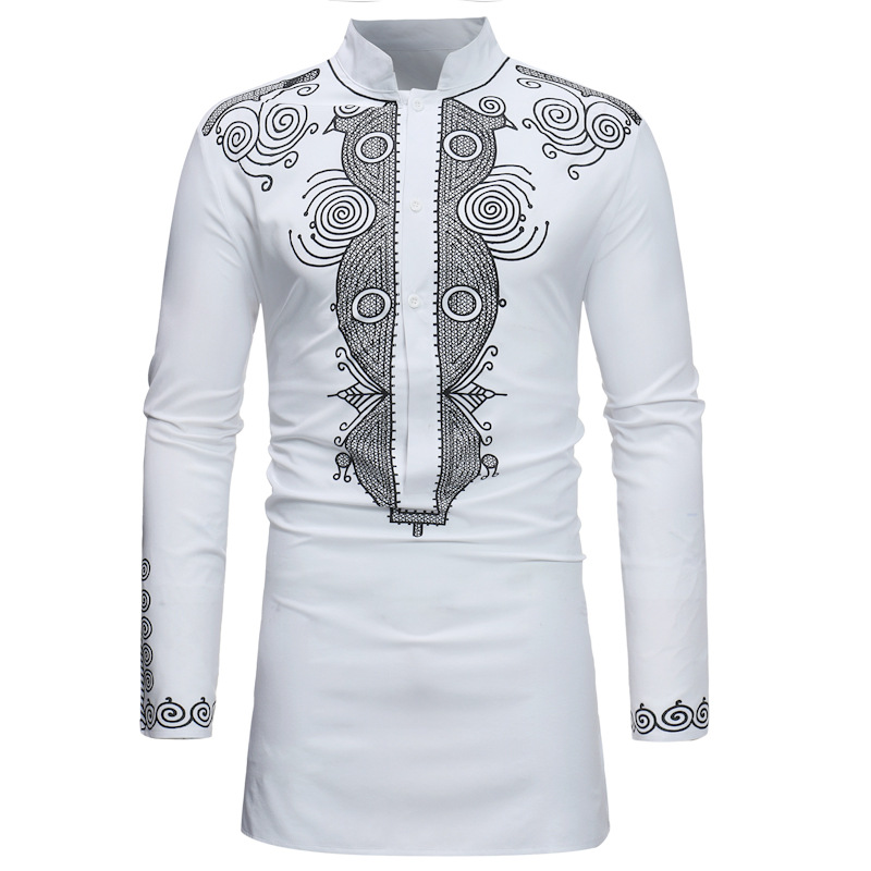 Men African Dashiki Printed Shirt Stand Collar Button Long Sleeve Casual Slim Shirt White