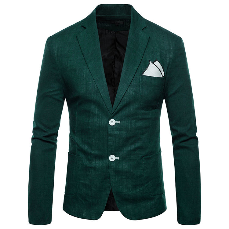 Men Blazer Coat Two Buttons Cotton Linen Long Sleeve Plus Size Slim Fit Suit Jacket hunter green