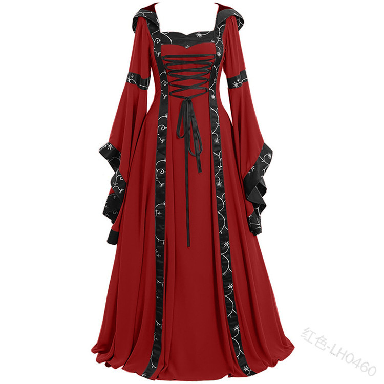  Women Maxi Dress Hooded Flare Sleeve Medieval Renaissance Gown Vintage Halloween Costume red