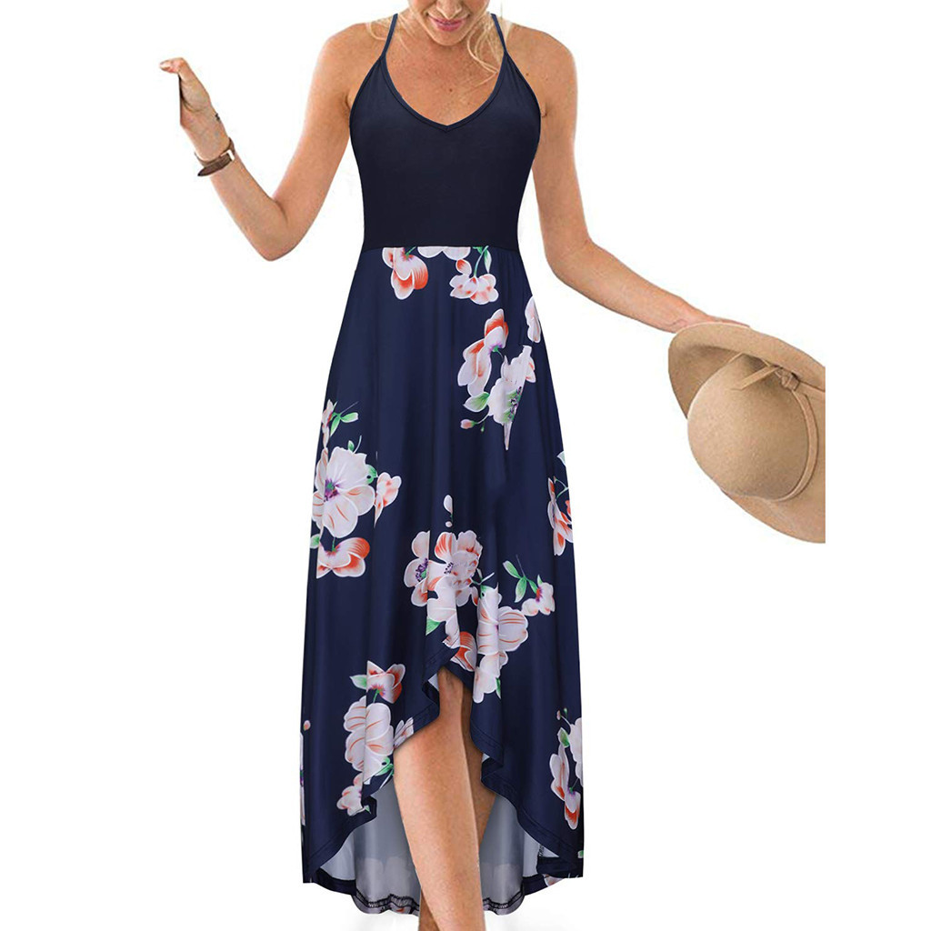 Women Floral Printed Maxi Dress V Neck Sleeveless Casual Summer Beach Boho Asymmetrical Dress 6#