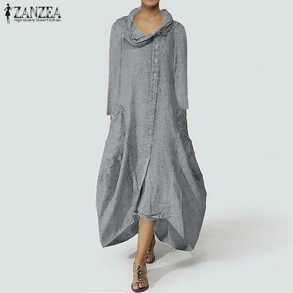  Women Buttons Asymmetrical Shirt Dress Irregular Loose Plus Size Midi Dress gray