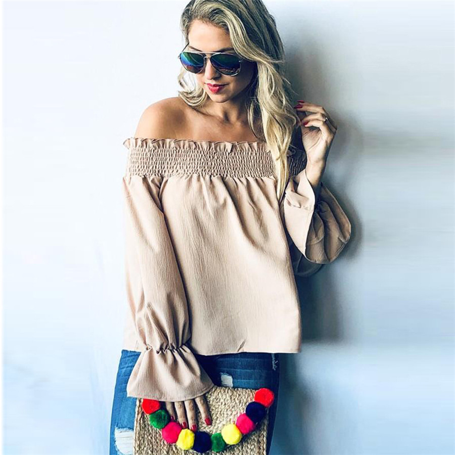 Women Off Shoulder Blouses Bell Sleeve Longt Sleeve Sexy Strapless Casual Solid Cold Shoulder Blouses Apricot
