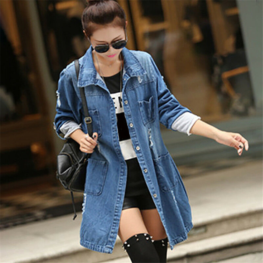 Women Long Sleeve Fashion Outwear Blue Denim Long Jeans Jacket Coat Plus Size